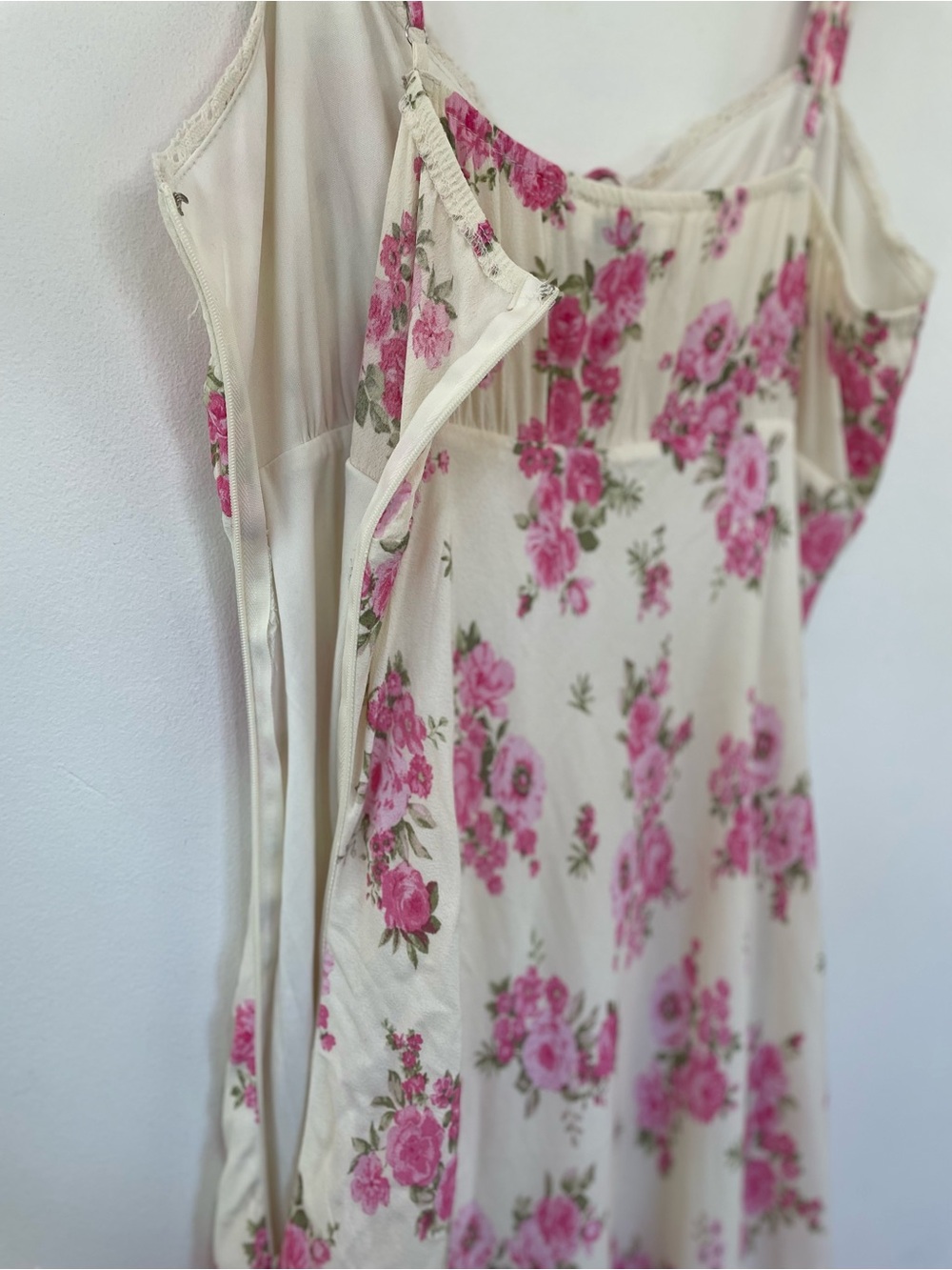 Pink Rose Floral Maxi Dress L Slip Style Lace Trim Side Zip Cottagecore Coquette - Picture 9 of 11